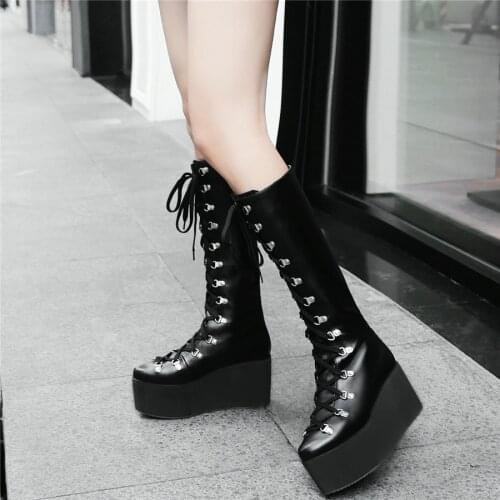 Thigh High Fashion Sneakers Women Lace Up Straps Wedges High Heel Mid Calf Military Riding Boots Female Round Toe Platform Pumps
