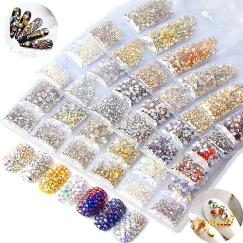1Set Rhinestones Set Flatback Glass Nail Rhinestones 6Size Mixed Color AB Crystal Strass 3D Charm Gems DIY Nail Art Decorations
