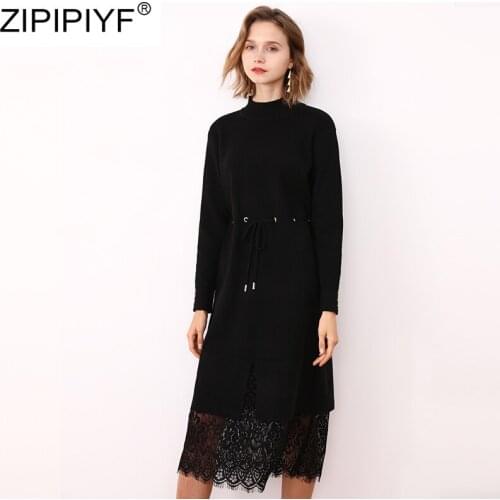 2019 Autumn And Winter New Fashion Sweater O-neck Full Sleeve Lace Patchwork With Belt Straight Ankle-length Dress TU106