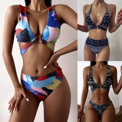 2021 Sexy Bikinis Womens Two Piece Swimwear Patchwork Print Push Up High Waisted Halter Bikini Set Split Swimsuit Bathing Suits