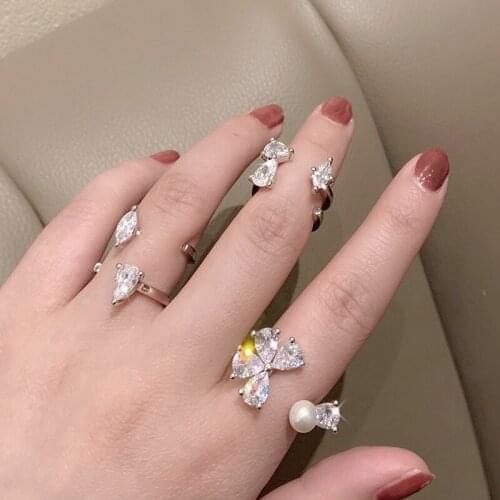 925 Sterling Silver Shiny Zircon Pearl Butterfly Wedding Engagement Luxury Water Drop Resizable Ring Jewelry for Woman Gift New