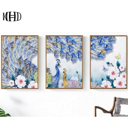 MHD 5d diy Diamond Painting Peacock Full Square & Round Three-Stone Diamond Embroidery Living Room Decor Set of 3 Peacocks