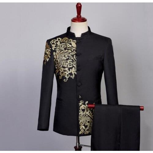 Blazer men formal dress embroidery Chinese tunic suit Chorus men costume homme terno masculino trouser wedding suits for mens