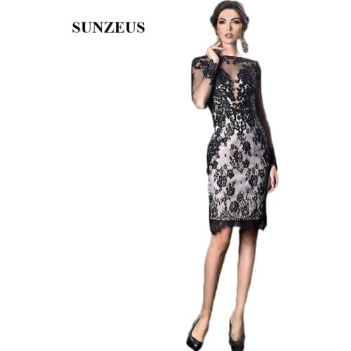 Black Lace Elegant Mother of the Bride Dresses Knee Length Sheer Tulle Long Sleeve Short Groom Mother Gowns vestidos de noche