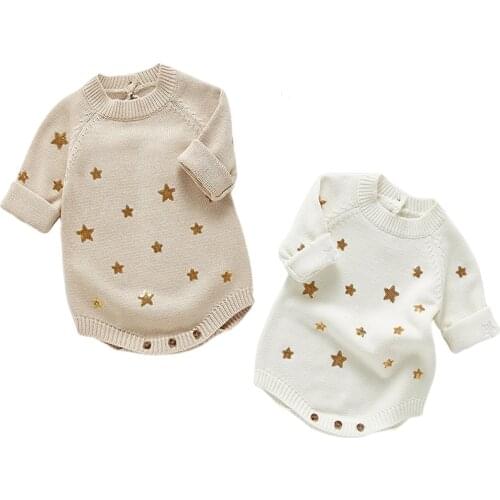 Baby Jumpsuit Cute Winter Infant Baby Girls Embroidery Star Rompers Clothing Kids Girl Long Sleeve Knit Rompers Clothes Cotton
