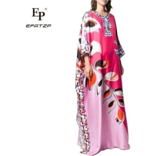 [EFATZP] New Womens Plus Fat Plus Loose Kaftan Style, Multicolor Elastic Knitting Beautiful Printing V-Neck Long Dress