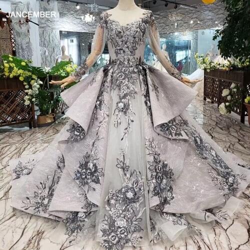 HTL319 Grey Muslim Evening Dresses 2020 Long For Women O-Neck Long Sleeves Lace Up Back Ball Gowns Appliques Wedding Party Dress