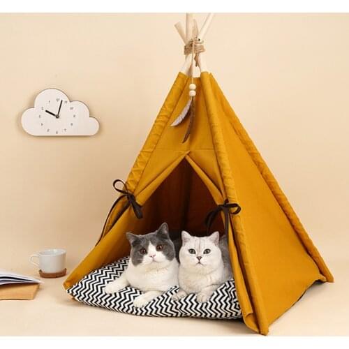 Pet Tent for Dogs Puppy Cat Bed Yellow Canvas Dog Cute House Pet Teepee with Cushion, 30 Inch Tall, for Pets Up to 15lbs