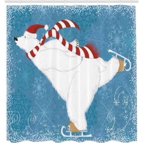 Polar Bear with Christmas Hat and Scarf Ice Skating Ornamental Snowflakes and Swirls Fabric Bathroom Decor