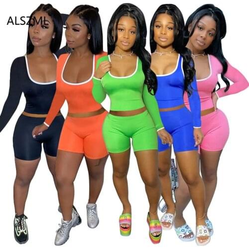 Simple Pure Color U Neck Crop Top And Hot Short 2 Pieces Set Sexy Tight Club Party Lady Fashion Tracksuits