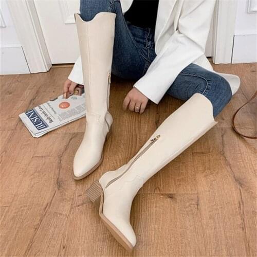 PXELENA Plus Size 34-45 Hot Women Western Cowboy Knee High Boots 2020 Autumn Winter Spring Round Toe Chunky Med Heels Shoes Zip