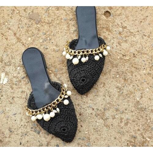 100% Handmade Special design pearl 2021 summer women knitting slippers open square toe cross straps flat sandals outdoor beach c