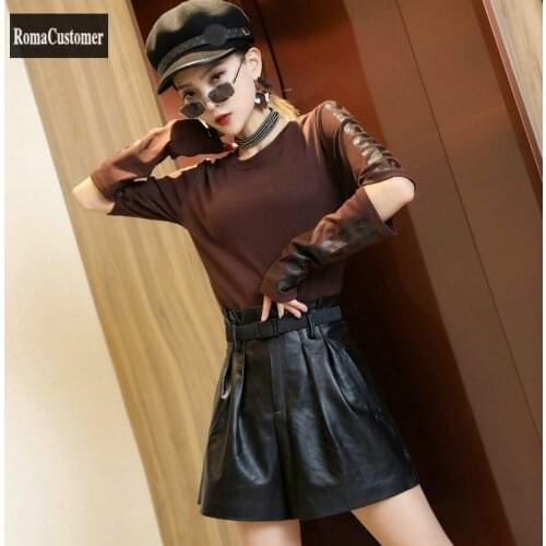 Wide Leg Shorts Womens Autumn New Genuine Leather Sheepskin Casual High Waist Female Elegant Korean Fashion Solid Shorts