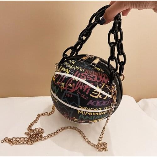 Personality Graffiti Round Ball Bag For Women 2021 PU Leather Crossbody Acrylic Chain Handbags and Purses Female Basketball Bag