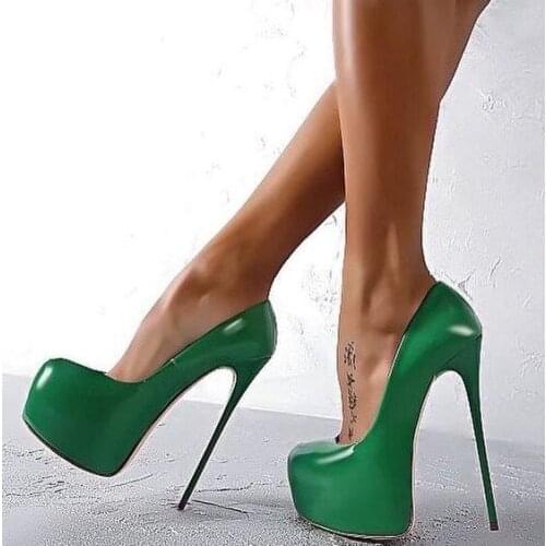 Sexy Green Patent Leather Sky High Platform Pumps Women Shoes Round Toe 16CM Ultra Stiletto Heels Banquet Dress Shoes Plus Size