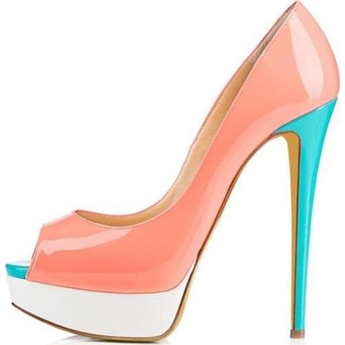 Women Color Patchwork Patent Leather Heeled Shoes Colorful High Heel Peep Toe Stiletto Ladies Evening Platform Pumps
