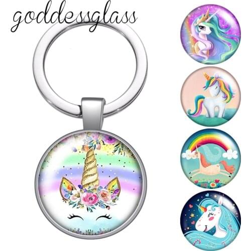 Magical Horn of the Unicorn Horse Kids birthday Gift glass cabochon keychain Bag Car key chain Ring Holder Charms keychains gift