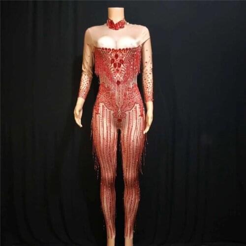 X41 Women ballroom dance stage costumes sequin red tassel jumpsuit Rhinestone leotard party outfits dress dj show Tights disco