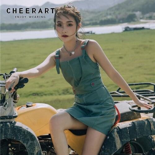 CHEERART Green Summer Slip Dress 2020 Zipper Up Tunic Bodycon Drawstring Mini Dress Spaghetti Strap Korean Fashion Clothing