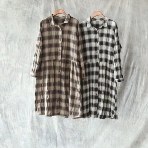 Women Plaid Loose Cotton Linen Long Shirts autumn and winter New Long-sleeved Cardigan Blouse Turn Down Collar Shirt