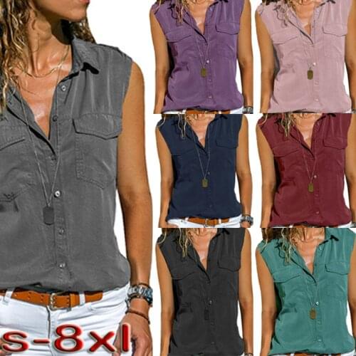 Summer Shirt for Women Turn-down Colloar Sleeveless V-neck Casual Streetwear Plus Size T-shirt Top Tee