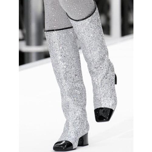 Hot Spring Women Fashion Black Sliver Bling Bling Sequins Glitter Square Black Leather Toe Med-heels Knee High Knight Boots Lady