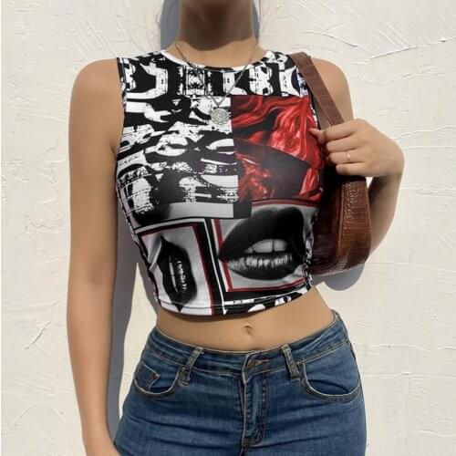 2021 New Fashion Women’s Round Neck Vest Top Fashion Abstract Lips Printing Exposed Navel Sleeveless Tops Casual Women Tanks