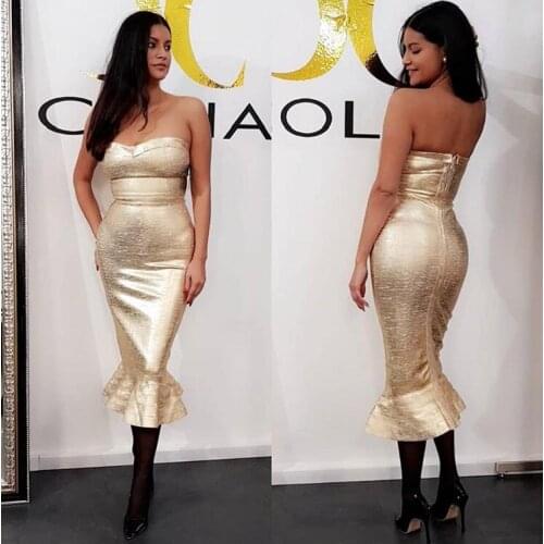 High Quality Sexy Strapless Bronzing Gold Mermaid Women Summer Bandage Dress 2021 Elegant Designer Evening Club Party Dress