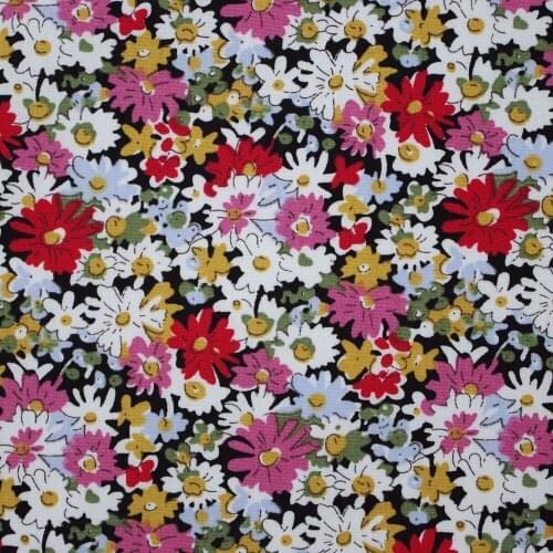 1 yard Cotton Poplin Fabric for sewing pathwork, dress, cloth, bedding - Red and pink daisy on black background (width=140cm)