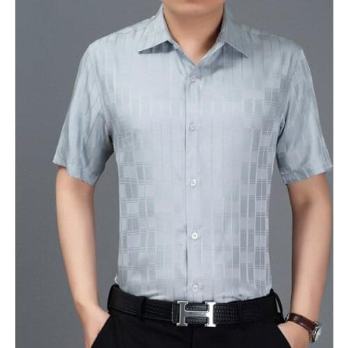 2020 New Summer Short Sleeve Plaid 100% Silk Shirt Men Formal Shirts Social White Camisa Masculina 3909 KJ1938