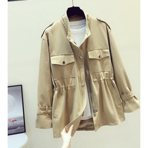 2021 Spring Autumn Women Jacket Coat Casual Windbreaker Female Pocket Zipper Jackets Harajuku Loose Khaki Outerwear Plus Size