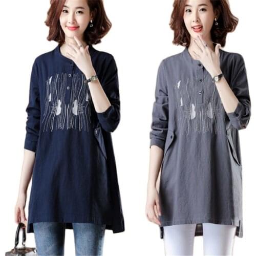 New long sleeve women blouses 2019 female geometric floral embroidery cotton linen spring autumn tops large size shirts L 5XL