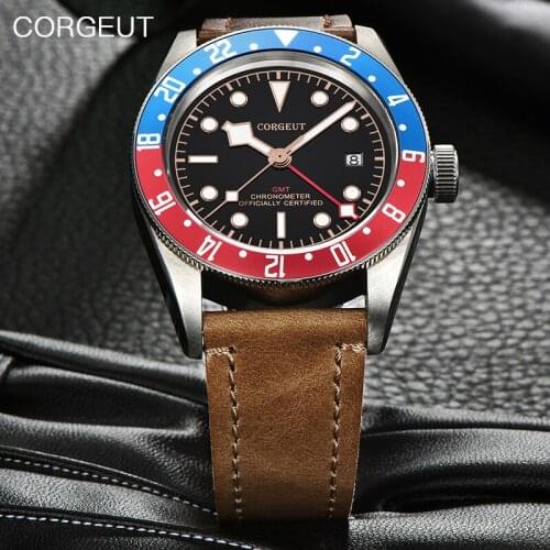 CORGEUT Mechanical Mens Watch Luxury Brand Luminou Watch Sapphire GMT Mens Automatic Military Sports Calendar Clock Leath