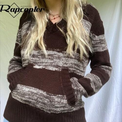 Rapcopter Printed Knitted Jumpers Brown Sweaters Vintage Grunge Long Sleeve Hoodies Pockets Casual Basic Knitwear Women Autumn