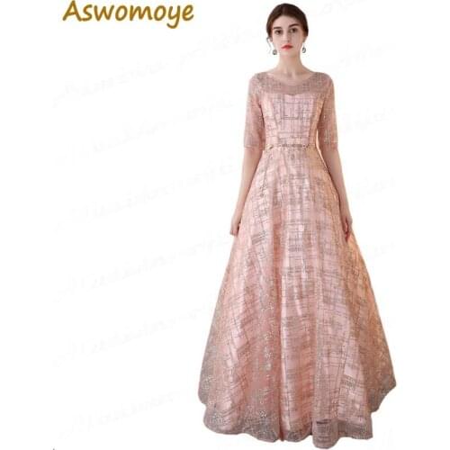 Aswomoye Elegant Shinning Evening Dress Long 2020 A-Line Prom Dresses O-Neck Formal Party Dress Sashes Beaded Vestido de festa