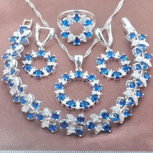 Noble Blue Cubic Zirconia Silver Color Jewelry Set Wedding Jewelry For Women Earring Necklace Pendant Ring Bracelet Set YZ0416