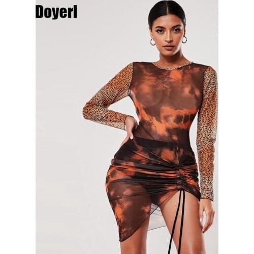 Leopard Print Sexy Bodycon Party Dress Women Long Sleeve Ruched See Through Mesh Sheer Mini Dress Winter Autumn Short Club Dress