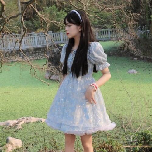 Sweet Princess Style Design Sense Niche Square Collar Puff Sleeve Floral Dress Fairy Summer Day 2021 New kawaii clothing