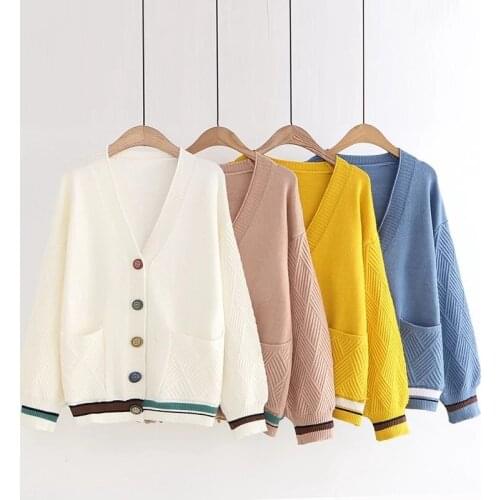 Single-Breasted Cardigan Knitted Sweater Women Fashion Lazy Wind Loose Striped Pockets V-Neck Long-Sleeve Clothes Autumn Female