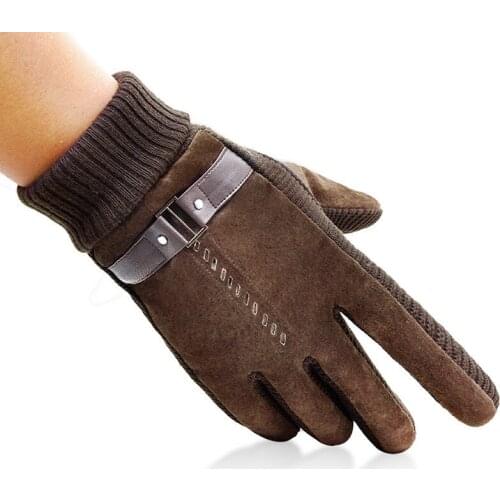 Mens Big Size Genuine Leather Pigskin Flexible Knit Wool Gloves Winter Thicken Fleece Warm Moto Cycling Gloves Male Mittens A32