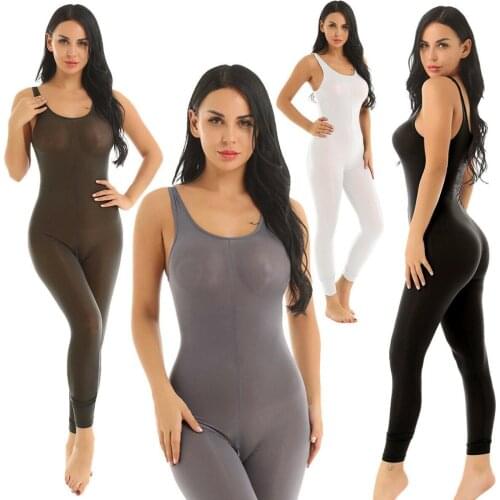 Sexy Womens Glossy Silk Jumpsuit Semi Sheer Bodysuit Long Zipper Sleeveless Tank Bodycon Romper Yoga Dance Leotard Lingerie
