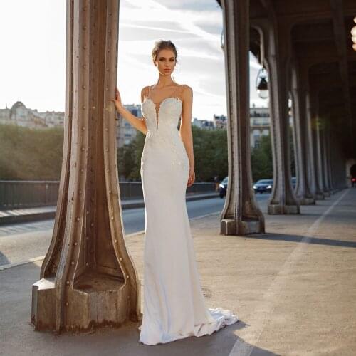 Elegant Wedding Dresses Jersey Appliques Beading Pleat V-Neck Sleeveless Backless Mermaid Bridal Gowns Novia Do 2021