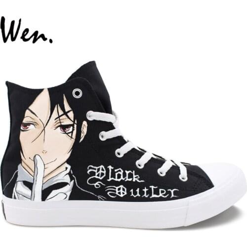 Wen Black Shoes Hand Painted Anime Black Butler Sabastian Ciel Design Custom High Top Men Womens Canvas Sneakers Unique Gift
