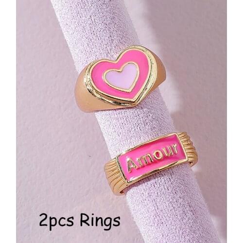 Y2K Jewelry 2pcs Pink Peach Heart Letter Rings for Female Egirl Style Vintage Harajuku INS Ring Set 2000s Fashion Friends Gifts