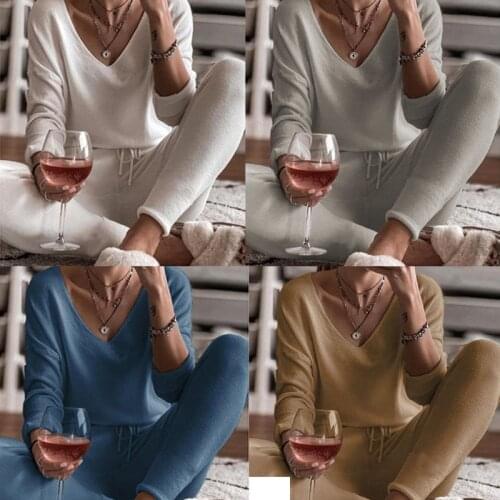 Womens Pajamas Autumn Winter Sleepwear Solid Color V-Neck Long-Sleeved Trousers Two-Piece Slim Stretch Females Homewear