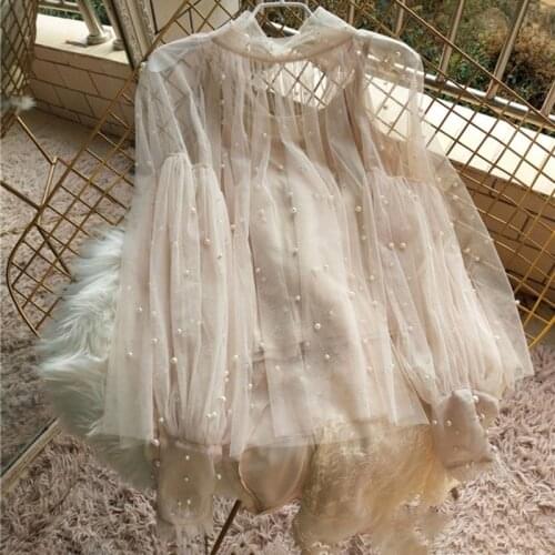 Ladies Elegant Shirt Tops Stand Collar Chiffon S-2Xl Spring Beading Mesh Blouses Women Sweet Lantern Sleeve Pearls Gauze Blouses