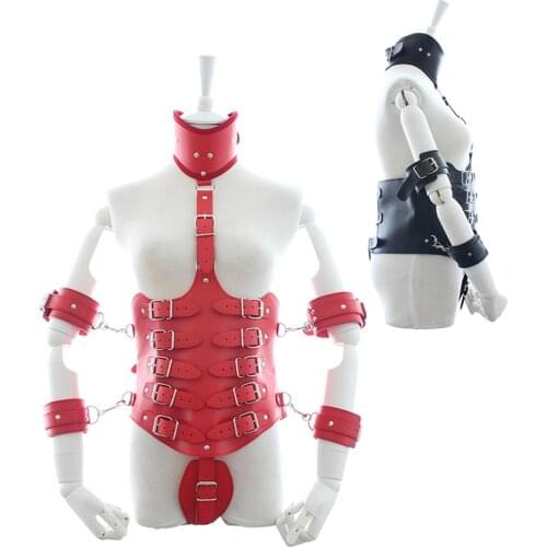 CamaTech Leather Women Bondage Corset With Handcuffs Lock Collar and Arm Cuffs Open Boobs Full Body Restraint Harness Adult Game