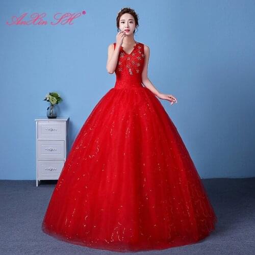 AXJFU Korean luxury princess flower red lace wedding dress vintage v neck beading crystal party white flower wedding dress