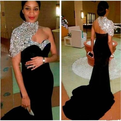2020 Bling Bling Elegant Long Mermaid Evening Dresses High Neck Crystal Short Sleeves Women Crystal Beaded Formal Prom gowns