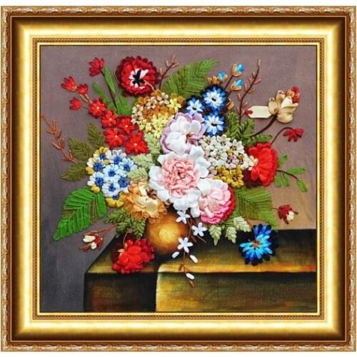 3D Flowers bottle Ribbon embroidery painting sets handcraft embroidery circle DIY handmade needlework wall art home decor gift